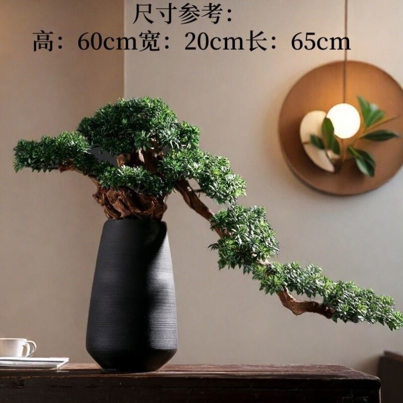 新中式客厅绿植仿真迎客松高级仿真花玄关办公室桌面陶罐花瓶摆件