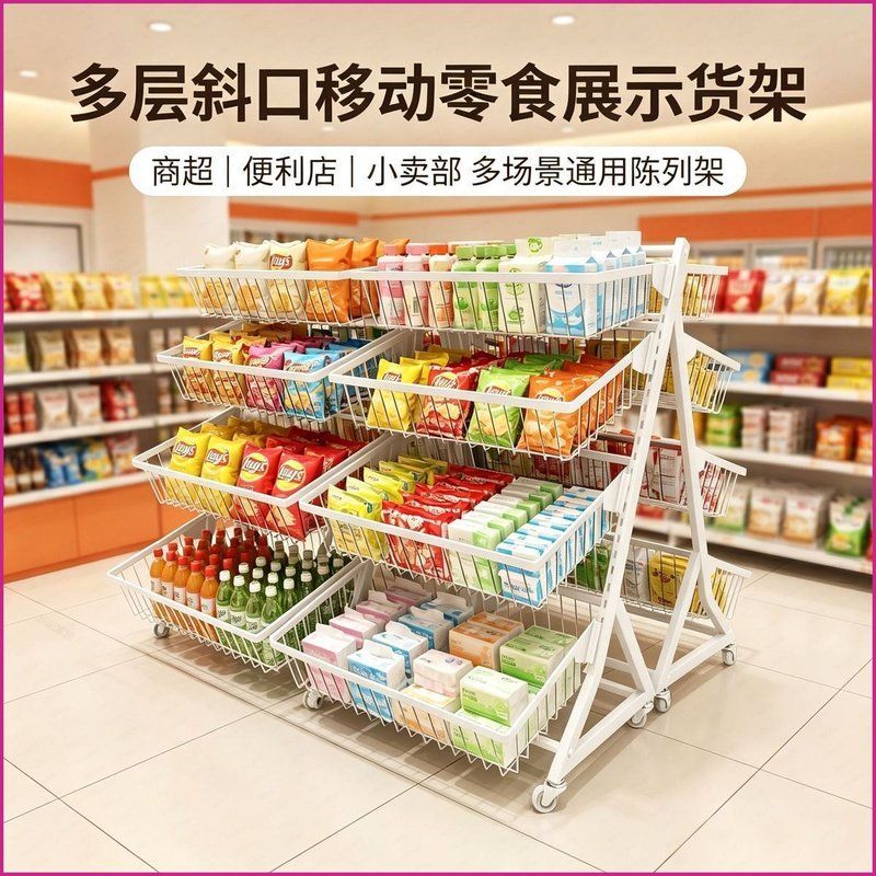 超市置物架落地多层斜口收纳架斜角厨房杂物收纳架一体式网篮网框