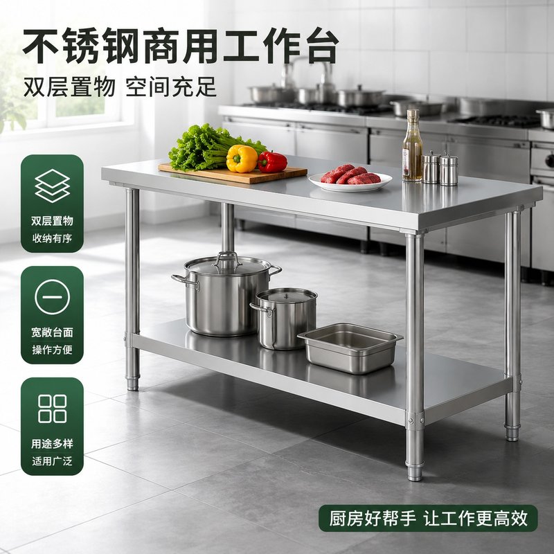 不锈钢商用工作台厨房桌子双层切菜案板加厚长方形打荷台家用