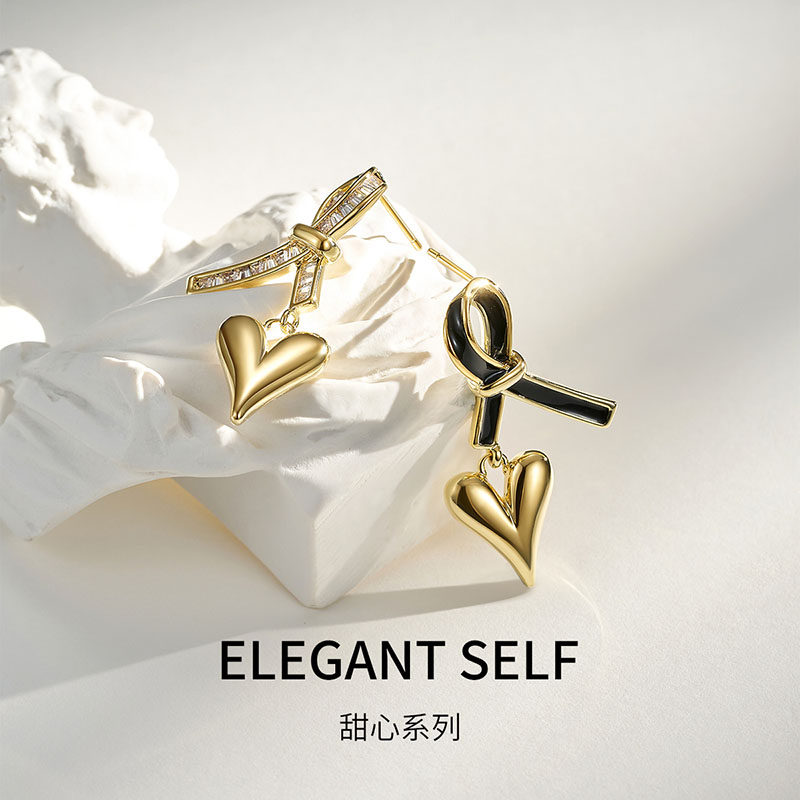 梦金园银饰 丝带爱心925银耳钉女秋冬小众轻奢耳饰新年情人节礼物