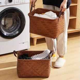 美式复古手工高级收纳筐脏衣篮仿藤编pu把手玩具洗衣桶车载收纳箱