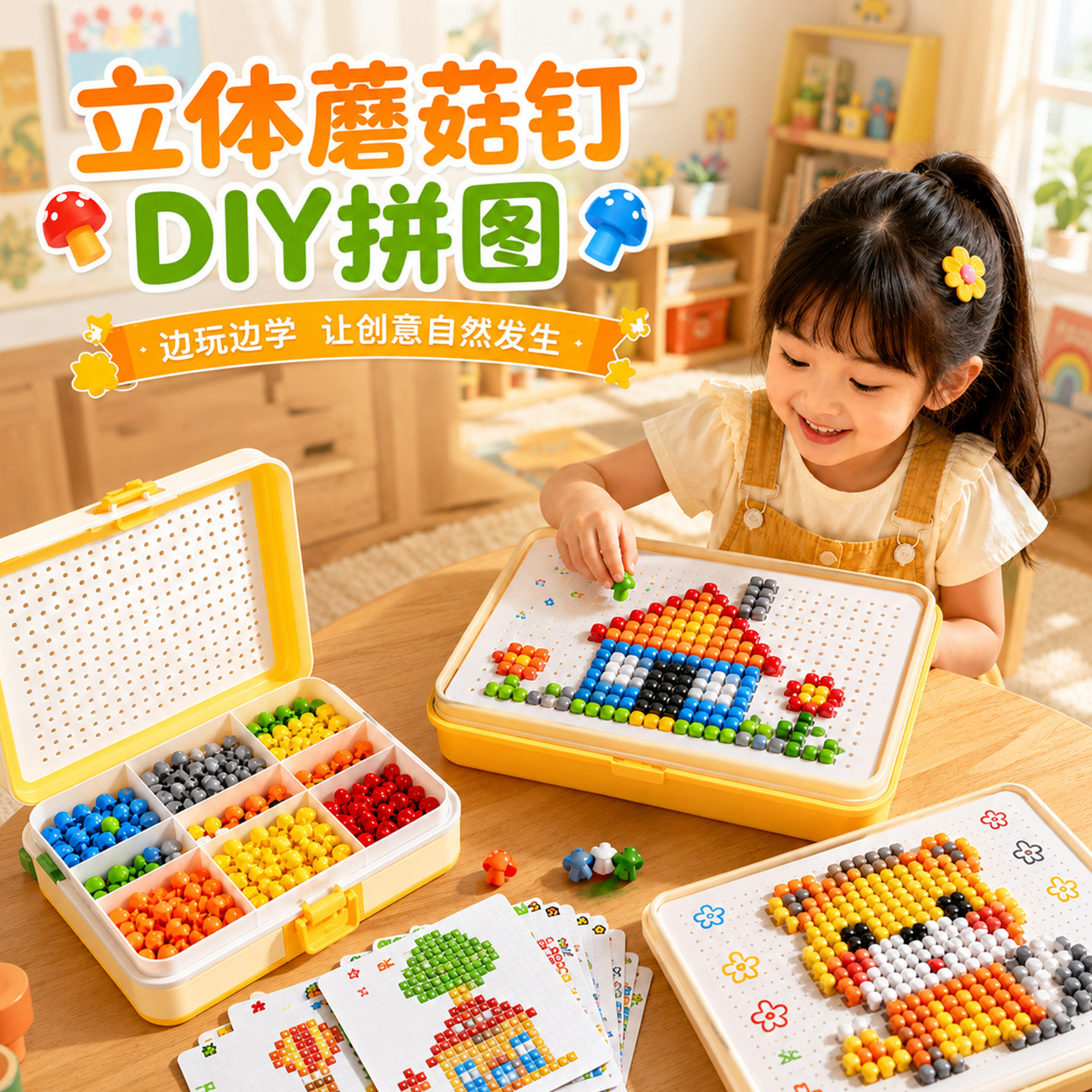 百变3d立体蘑菇钉益智玩具儿童大颗粒拼插积木卡片专注力训练拼图