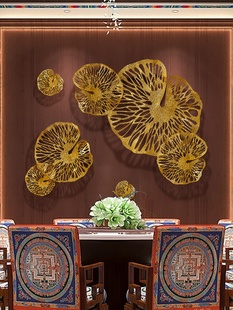 东南亚铁艺墙壁挂件镂空荷叶样板房金色创意酒店会所大堂客厅酒吧