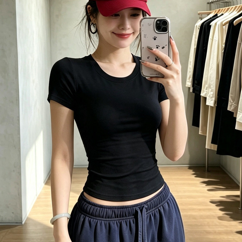 美式正肩修身打底衫女夏季新款紧身T恤短袖圆领显瘦纯色上衣潮ins