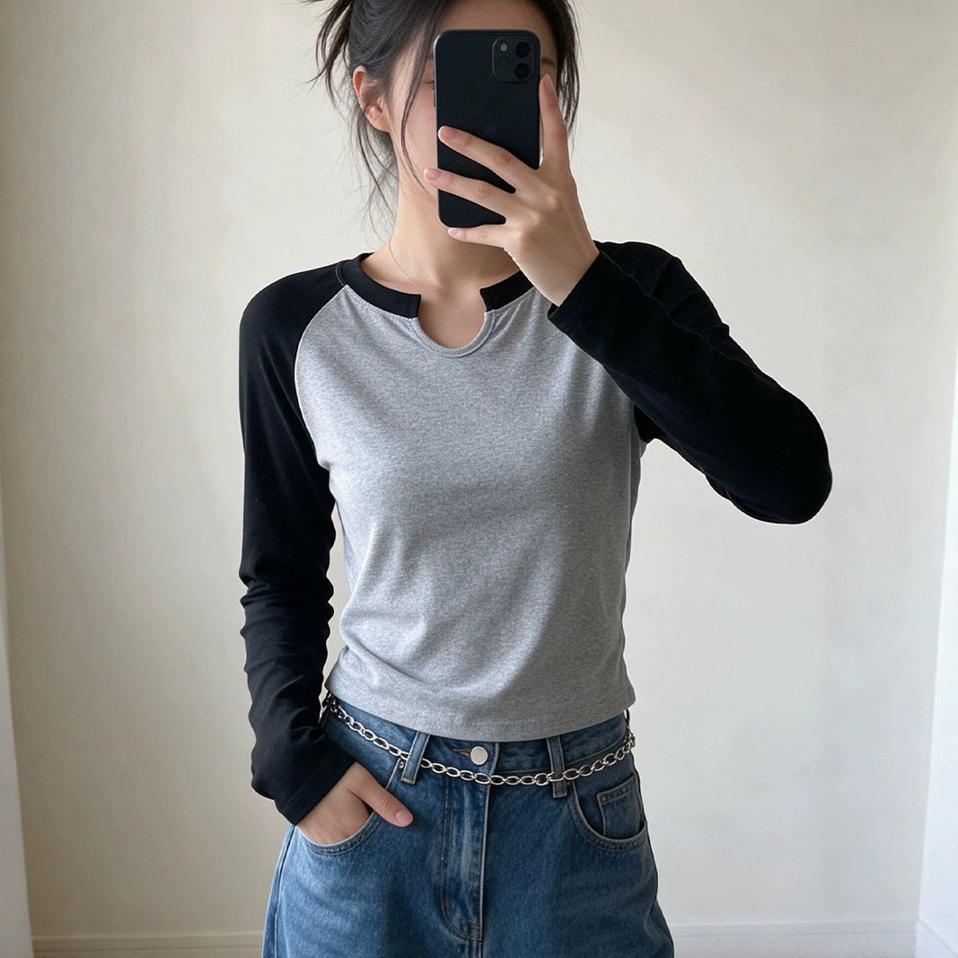 跨境设计感撞色半开领修身显瘦长袖T恤女装早秋新款百搭学生上衣