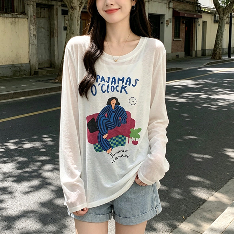 竹节罗纹 成品现货 宽松休闲卡通印花薄款透气防晒衣罩衫上衣T恤