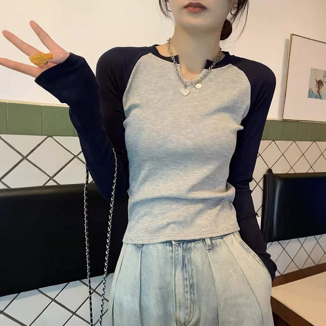 设计感撞色半开领修身显瘦长袖t恤女装早秋新款百搭学生上衣