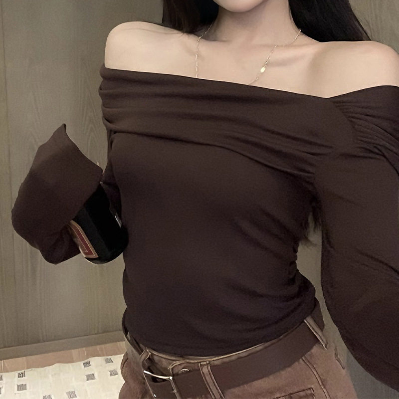 德绒长袖打底上衣女新款秋冬露肩修身一字肩t恤纯欲性感辣妹