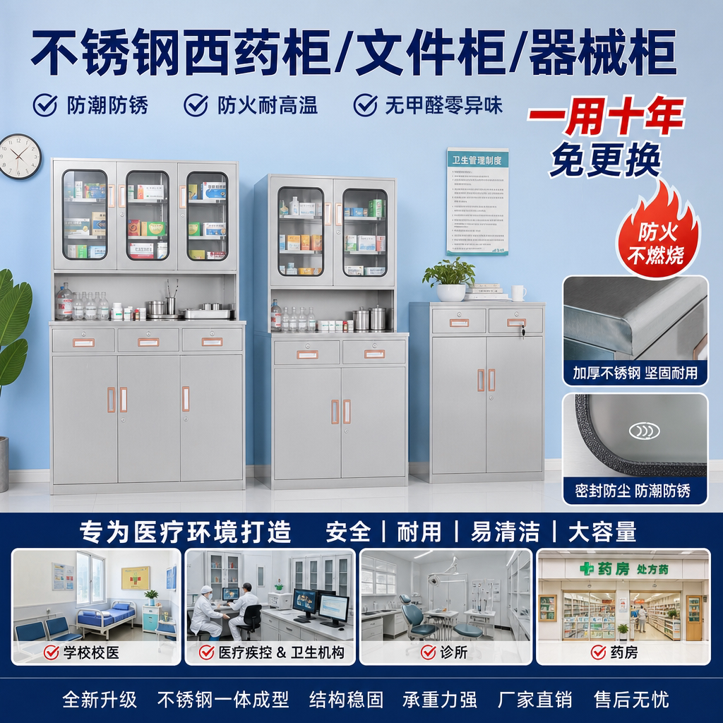 304不锈钢西药柜诊所医用药品器械柜储物仪器柜无菌文件柜操作台