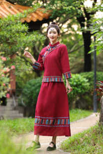 新中式 少数民族傣族苗族壮族彝族演出服女 改良民族风棉麻中长款