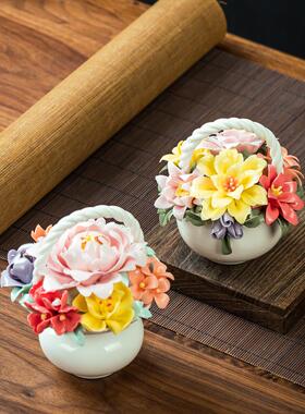 陶瓷手捏瓷花玉兰牡丹摆件新中式招财花家居客厅办公室桌面工艺品