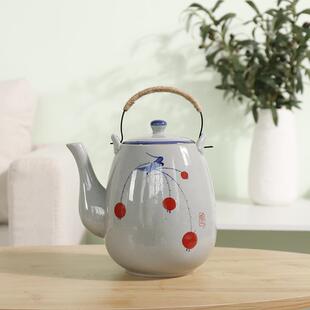 粗陶2升1.5升提梁壶餐厅泡茶壶家用凉水壶 陶瓷大茶壶手绘复古日式