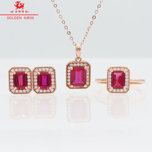 俄罗斯585紫金14K金玫瑰红宝石三件套小众设计精致送礼首饰金奇麟