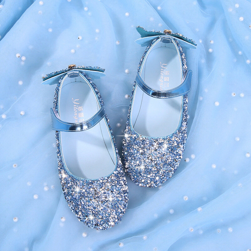 女童水钻公主鞋儿童水晶鞋春秋季新款小女孩单鞋蓝色银色演出童鞋