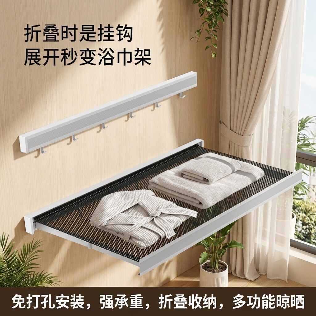 免打孔安装隐形折叠晾晒网图片