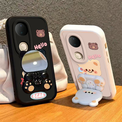 适用vivoS20手机壳小熊支架vivo S20Pro保护套viv0新款镜子软硅胶全包防摔曲屏曲面屏步步高维沃Por是Pr0男女