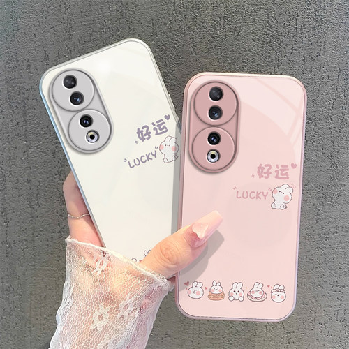 适用荣耀90手机壳华为HONOR90Pro保护套H0N0R90Pr0新款钢化玻璃全包防摔九十专用九零曲屏版简约男女好运兔子