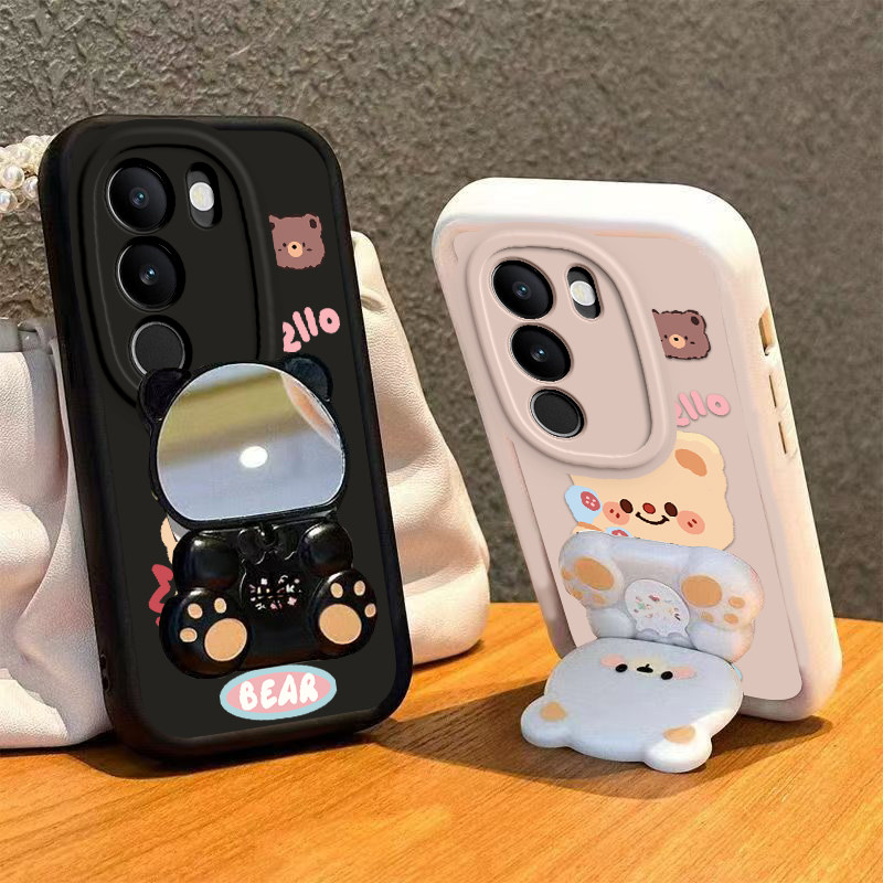 适用vivoS17手机壳小熊支架vivo S17Pro保护套viv0新款镜子软硅胶全包防摔曲屏曲面屏步步高维沃Por是Pr0男女