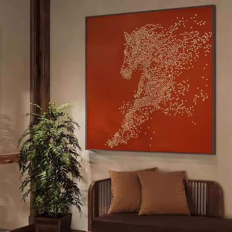 新中式红色抽象动物骏马茶室客厅卧室装饰画入户玄关壁画方形挂画图片