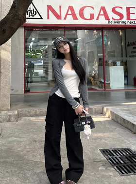 2025春季慵懒风防晒圆领灰色针织开衫短款长袖复古经典百搭外套女