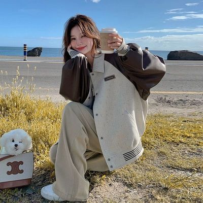 美式设计感PU皮拼接棒球服外套女2025春秋季新款宽松显瘦夹克上衣