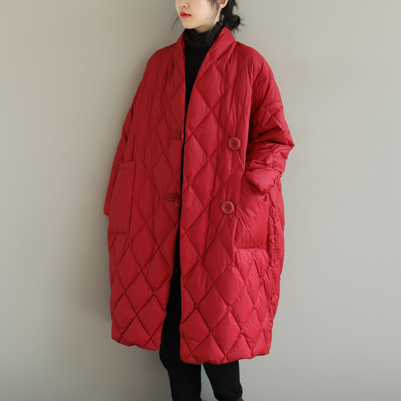 外贸原单品牌女装余单清仓出口菱形格棉服外套中长款轻薄棉衣