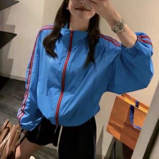韩系侧条三条杠防晒衣立领撞色拼接女士拉链外套防晒衣薄外套