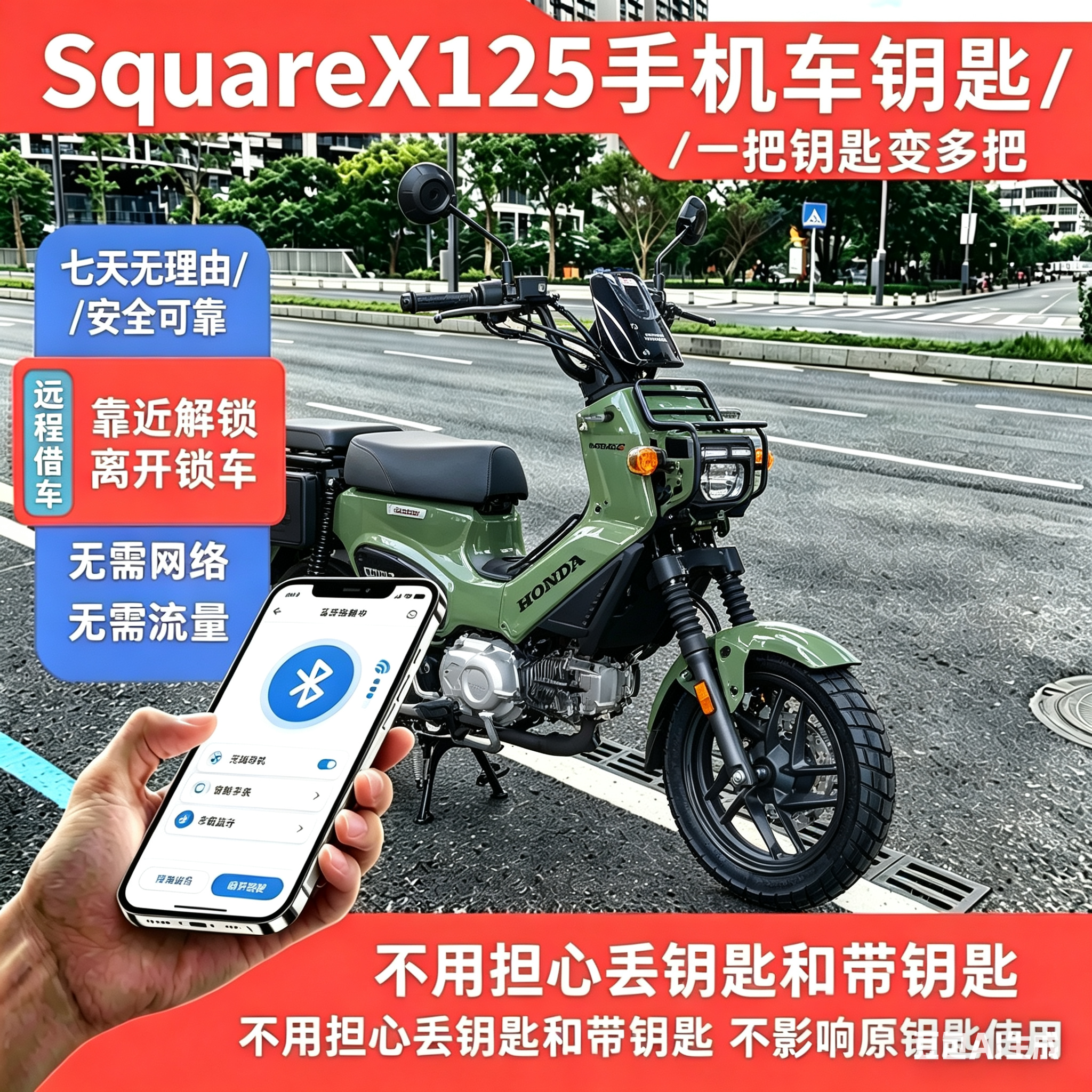 适用于本田 SquareX125 加装蓝牙无钥匙模块，手机就是车钥匙