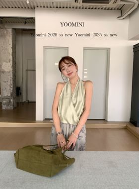 【YOOMINI】v领交叉露背极简高级感2025夏新款假两件挂脖上衣背心