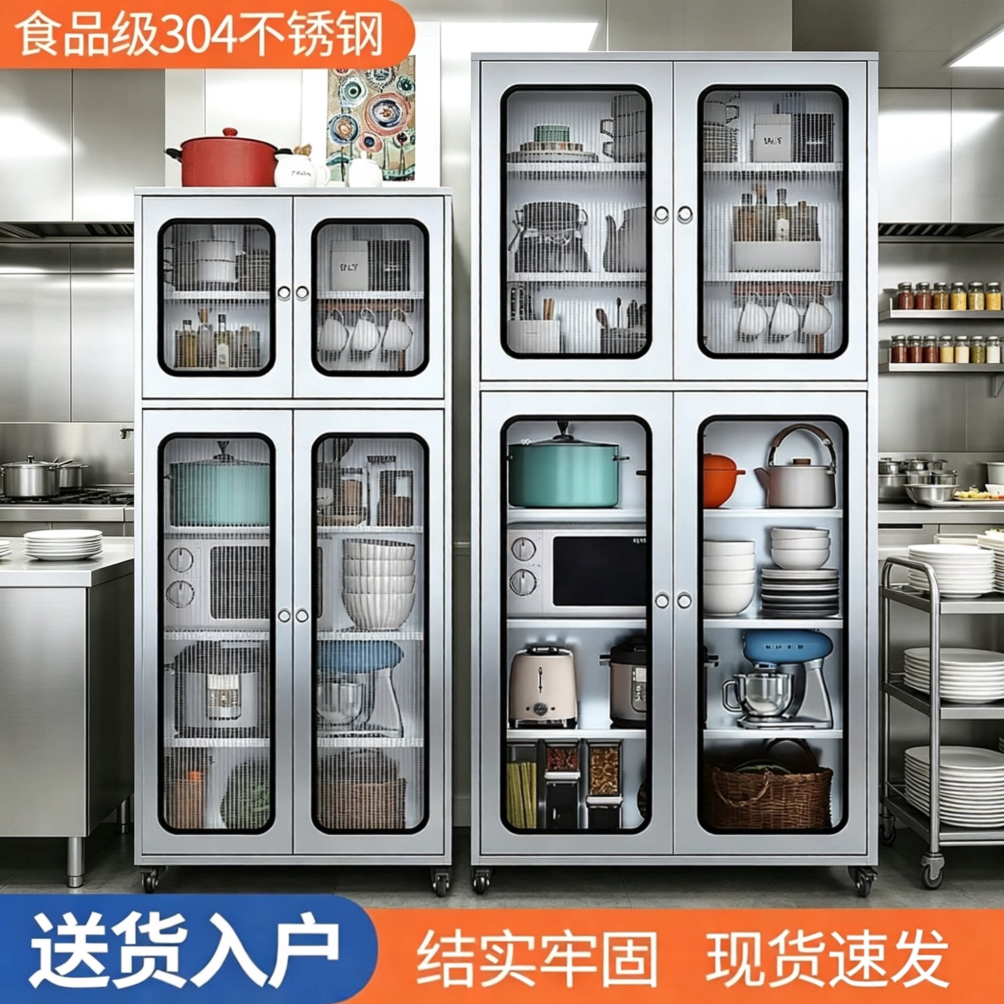 不锈钢餐边柜加厚带门家用储物柜厨房餐厅碗柜锅具收纳置物柜橱柜