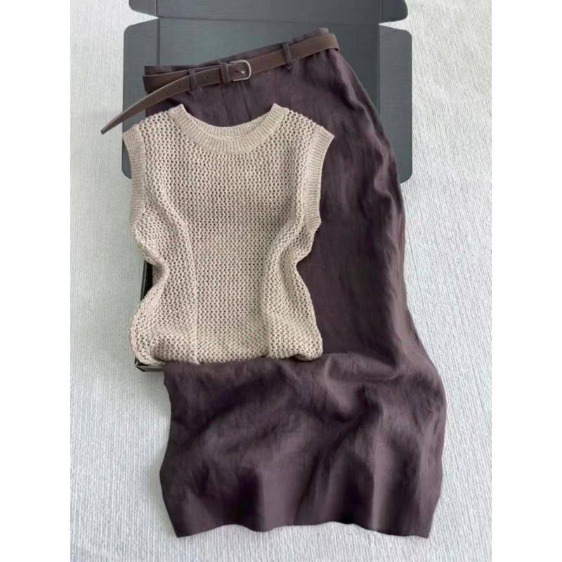 2025夏季港风复古气质穿搭轻奢高级感无袖针织衫高腰半身裙两件套,女装/女士精品,马夹,淘宝优惠券,粉丝福利购,淘宝优惠卷