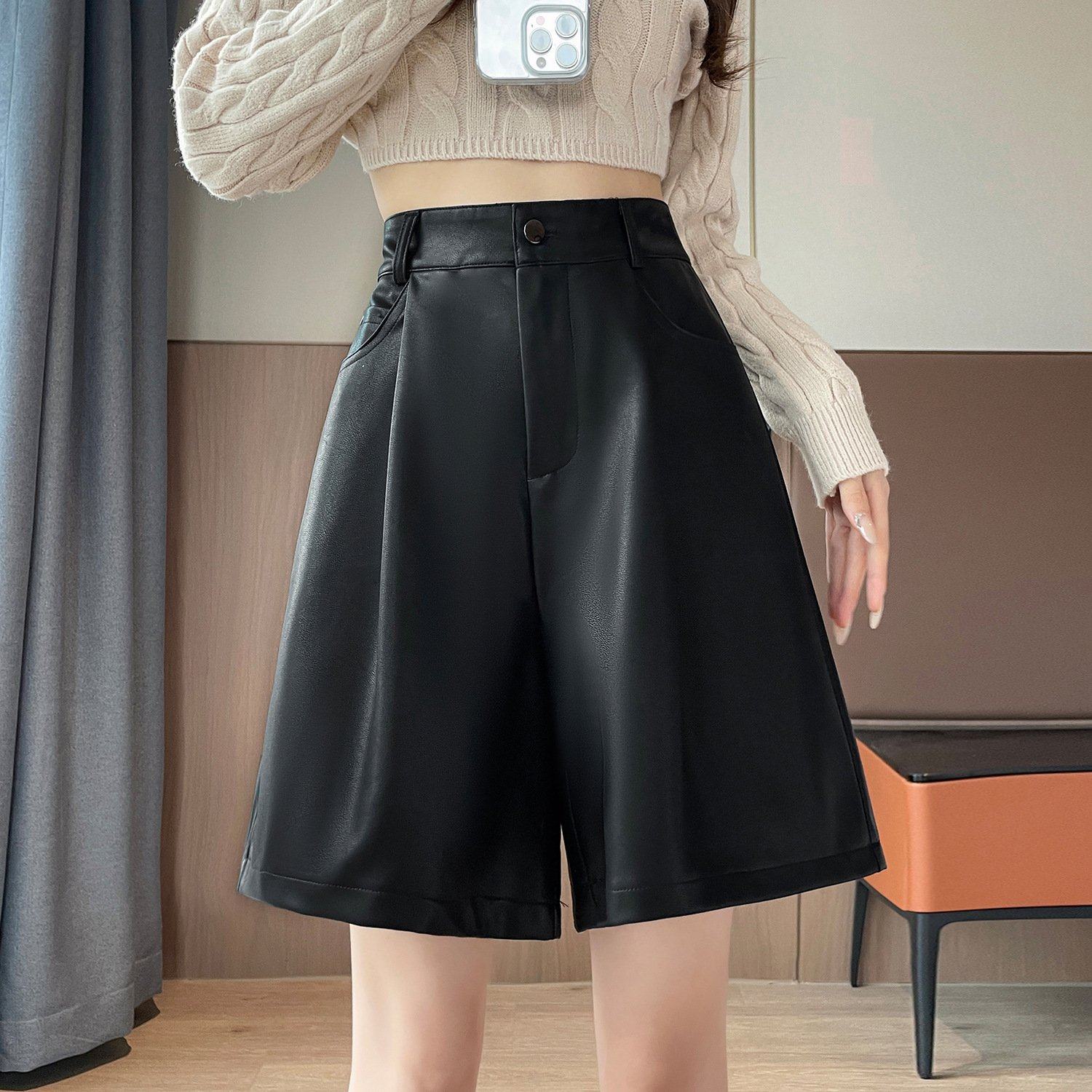 2024皮短裤女秋冬pu韩版皮裤a字高腰阔腿五分裤宽松显瘦直筒中裤,女装/女士精品,休闲裤,淘宝优惠券,粉丝福利购,淘宝优惠卷