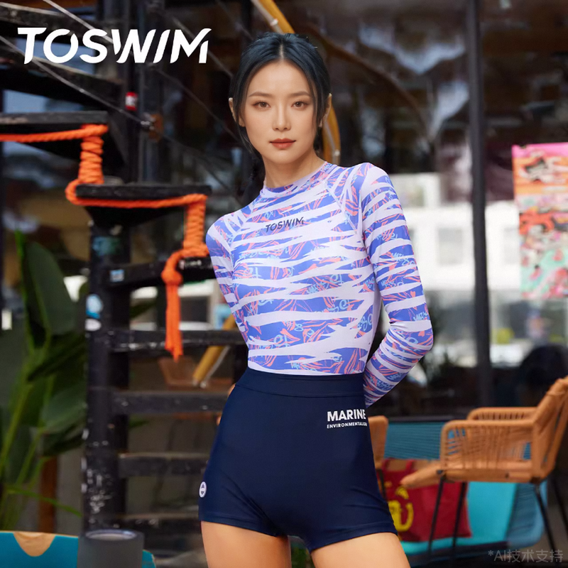 TOSWIM泳衣女夏露背连体平角长袖防晒保守遮肚游泳衣专业竞速新款