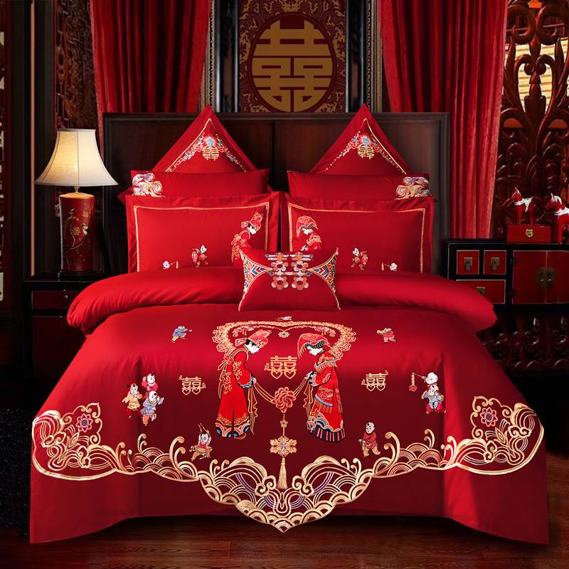 婚庆四件套大红刺绣龙凤结婚房礼六件套床上用品喜庆新婚被套绣花