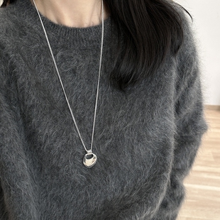 韩国博主同款时髦金属银色长款项链几何马鞍包小众简约叠戴毛衣链