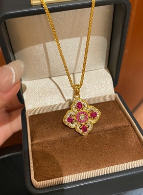 新中式鸽血红锆石镂空雕花四叶草项链女轻奢小众编绳毛衣链锁骨链