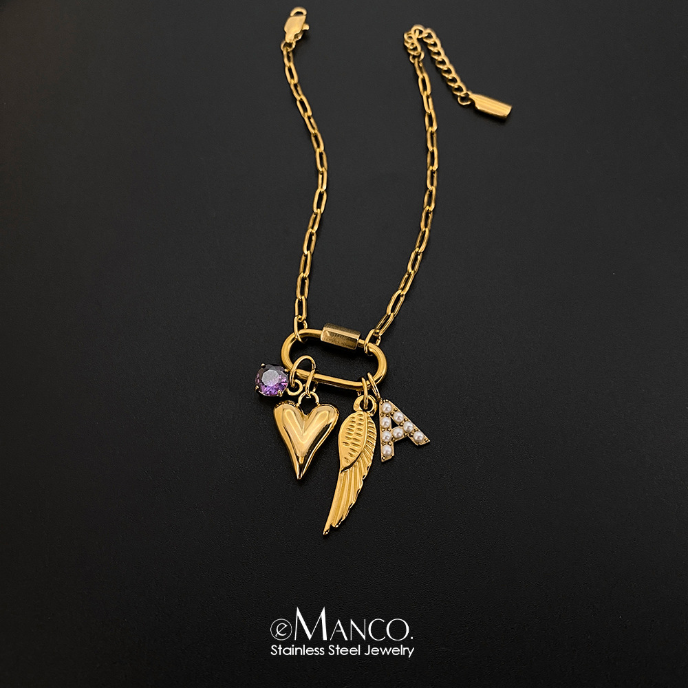 eManco钛钢不掉色电镀14K金翅膀守护爱心情侣手链节日送女友礼物