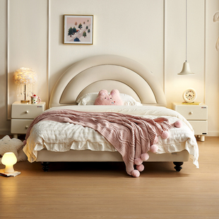 全友家居奶油风猫抓布艺儿童彩虹床女孩卧室软包公主床实木床脚