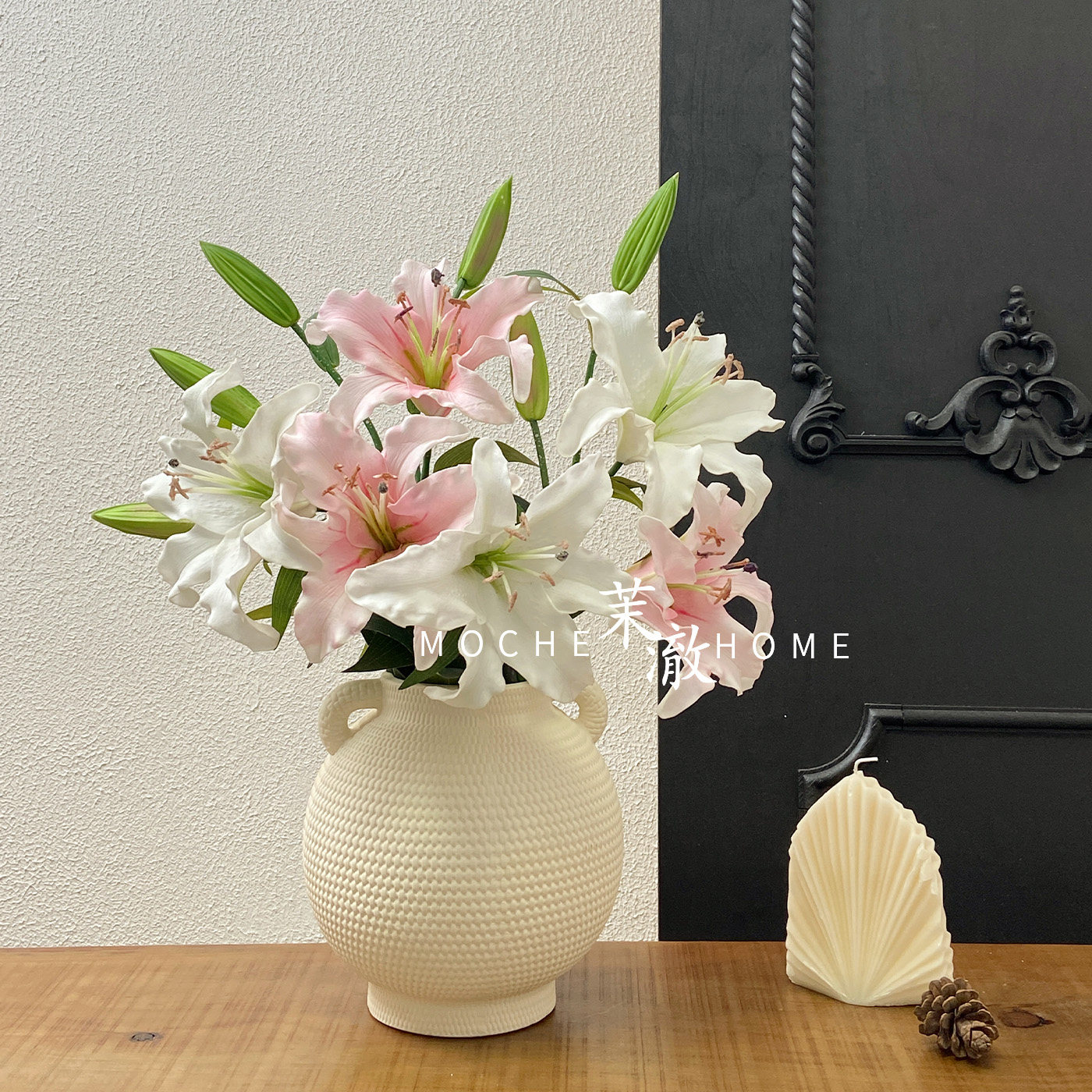 茉澈PU手感百合花仿真花假花桌面装饰花轻奢简约高级摄影拍摄道具