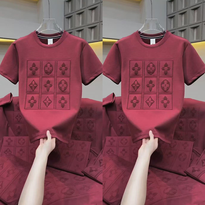 2025年秋冬季新款男士百搭加厚红色短袖T恤上衣时尚修身潮流时尚