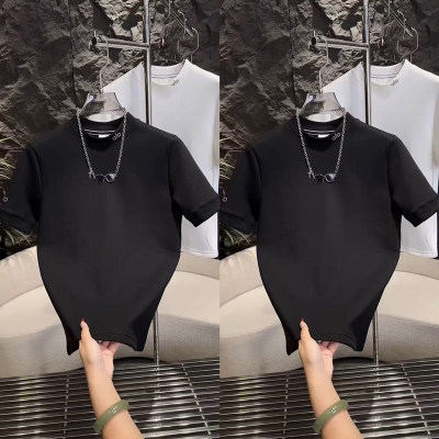 2025秋冬季新款男士百搭加厚半高领字母纯色休闲短袖T恤上衣半袖