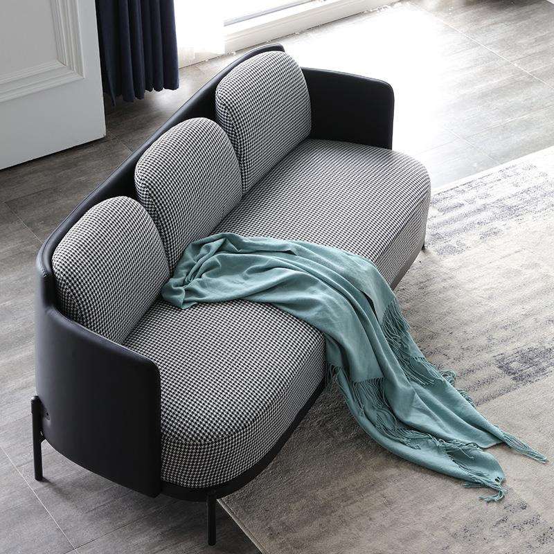 意式极简沙发简约创意五金三人沙发客厅酒店大堂千鸟格布艺沙发