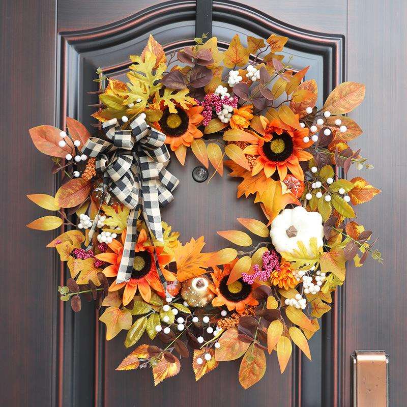 万圣节苏格兰白南瓜花环南瓜浆果门挂丰收节藤圈感恩节花圈