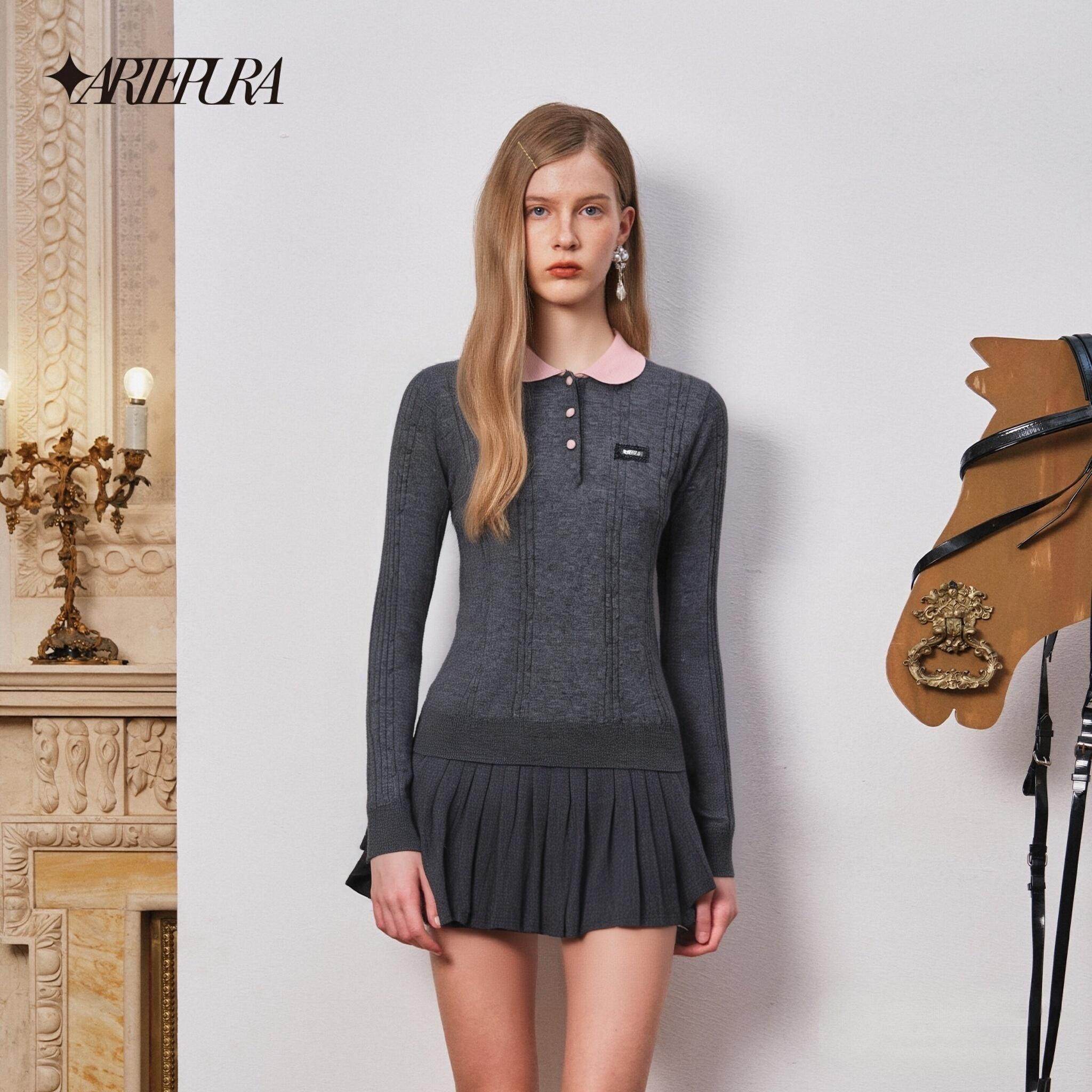 灰色羊毛毛织拼色衣领针织上衣