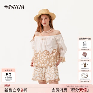 度假风套装 ARTE 一字肩镂空刺绣上衣女蕾丝短裤 新款 PURA2026夏季