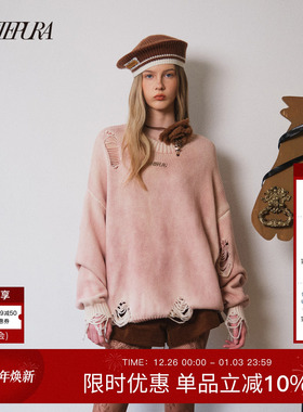 ARTE PURA2025秋冬新款干枯玫瑰喷色破洞套头毛衣女宽松洋气上衣