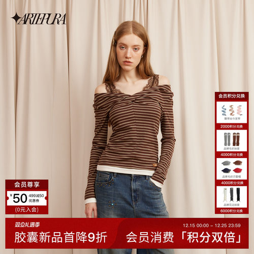 ARTEPURA条纹蕾丝假两件打底衫