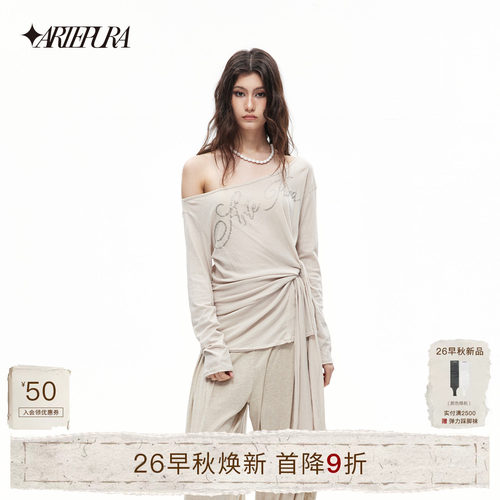 ARTEPURA烫钻斜肩绑带上衣