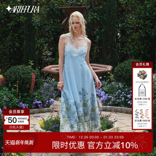 PURA浅蓝色印花蕾丝花边连衣裙女吊带裙长裙 ARTE 李兰迪同款