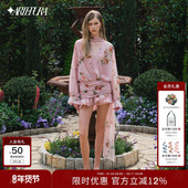 衬衫 ARTE PURA烟粉色飘带印花连衣裙女小众设计v领长袖 裙气质短裙